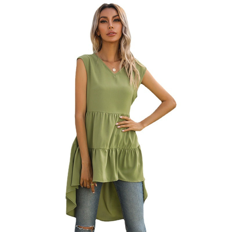 Sleeveless Tiered Dress with V-Neck and Ruffled High-Low Hem