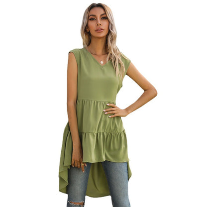 Sleeveless Tiered Dress with V-Neck and Ruffled High-Low Hem