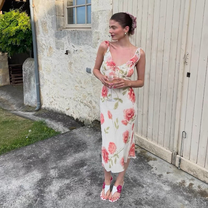 Floral Print High Waist Sling Long Skirt V-Neck Sleevele