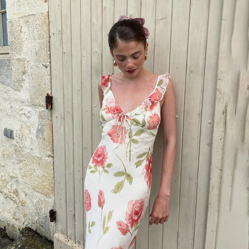 Floral Print High Waist Sling Long Skirt V-Neck Sleevele