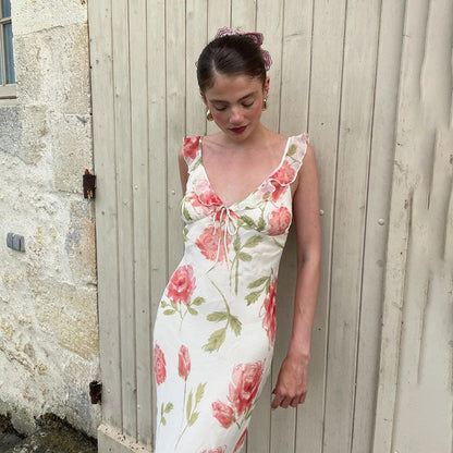 Floral Print High Waist Sling Long Skirt V-Neck Sleevele