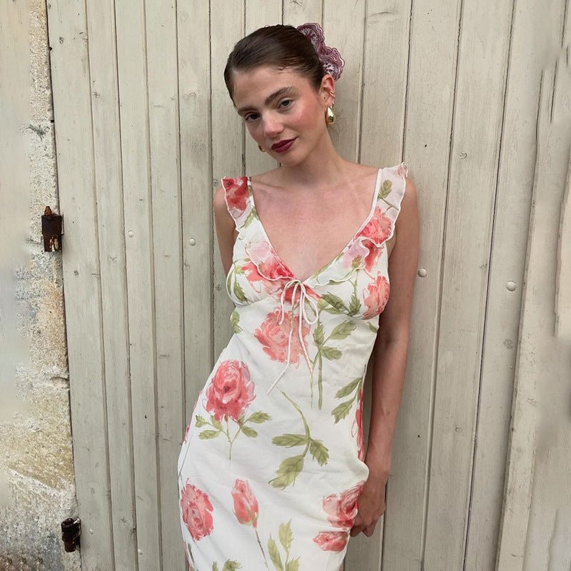 Floral Print High Waist Sling Long Skirt V-Neck Sleevele