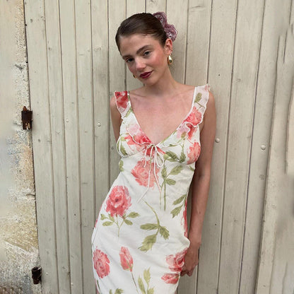 Floral Print High Waist Sling Long Skirt V-Neck Sleevele