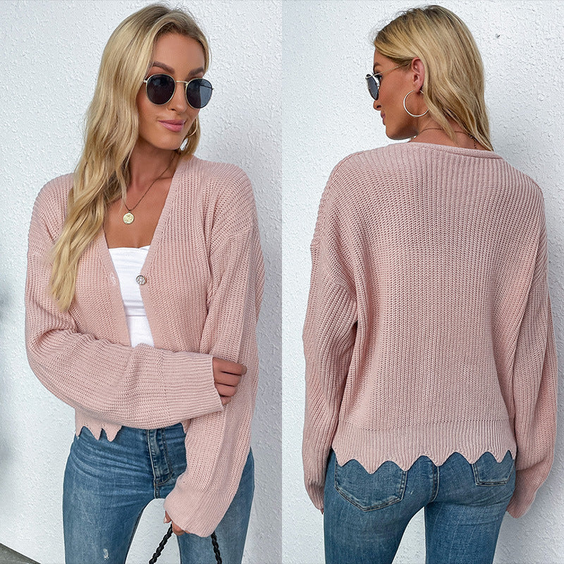 Loose Knit Cardigan with V-Neck and Scalloped Hem