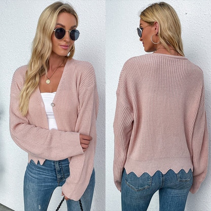 Loose Knit Cardigan with V-Neck and Scalloped Hem