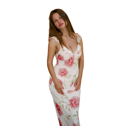 Floral Print High Waist Sling Long Skirt V-Neck Sleevele