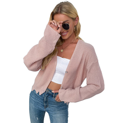 Loose Knit Cardigan with V-Neck and Scalloped Hem