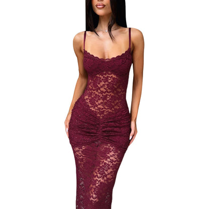 Lace Bodycon Maxi Dress with Ruched Front Detail