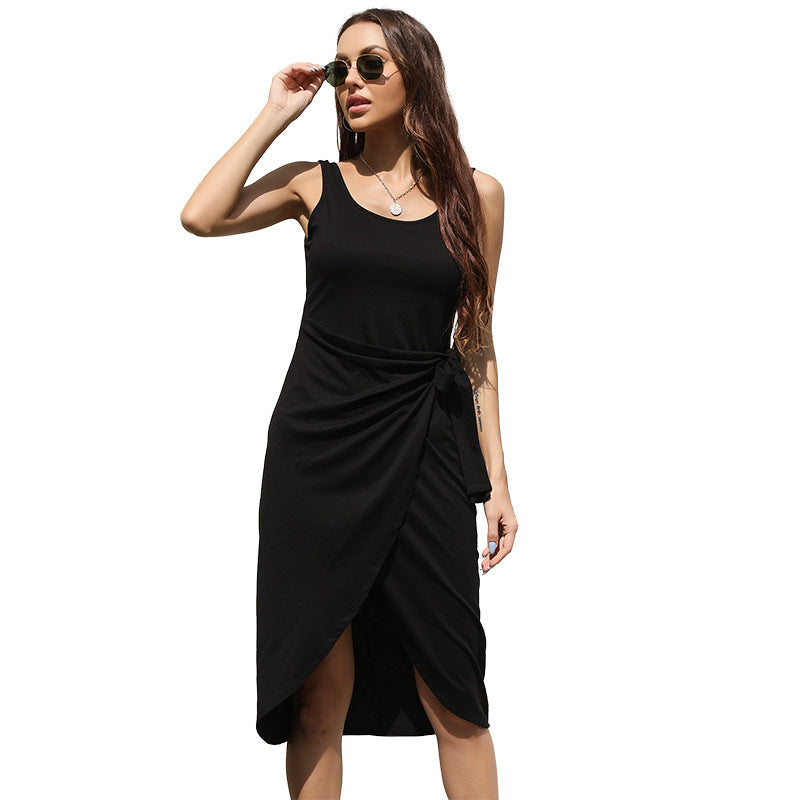 Sleeveless Midi Dress with Side Tie and Asymmetrical Hem