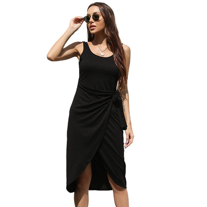 Sleeveless Midi Dress with Side Tie and Asymmetrical Hem