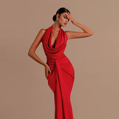 Backless Halter Neck A-Line Long Dress Solid Color Polyester