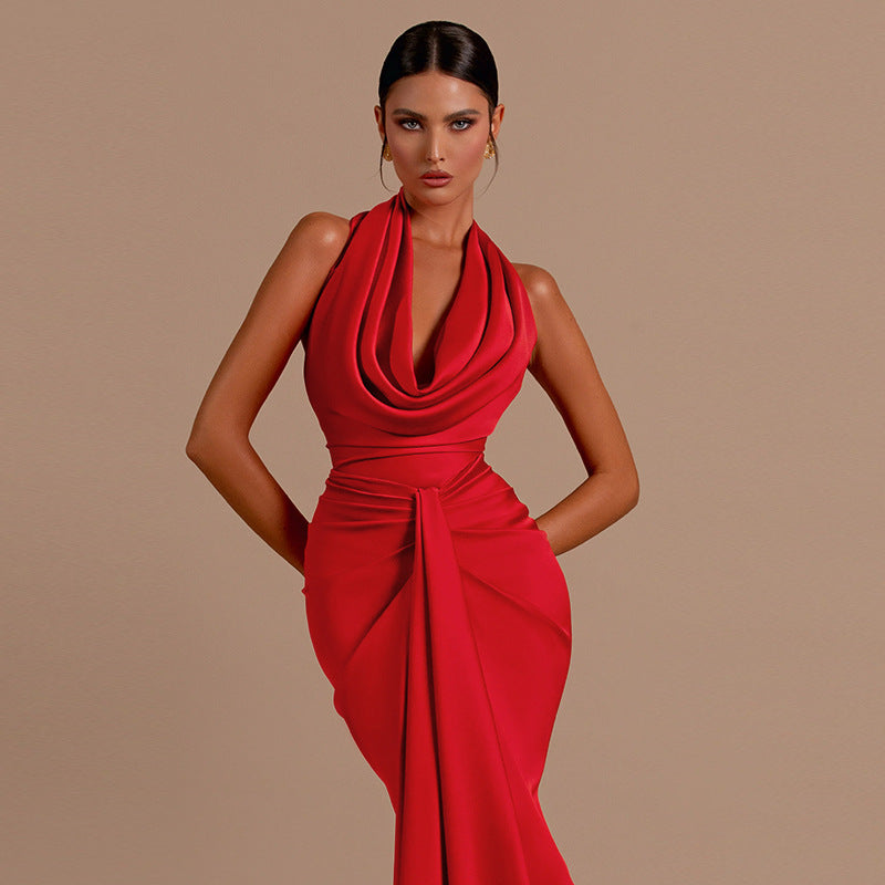 Backless Halter Neck A-Line Long Dress Solid Color Polyester