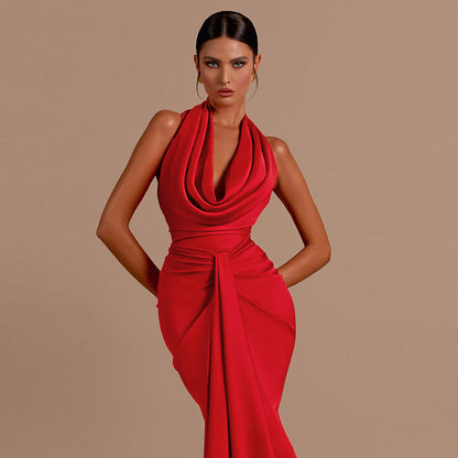 Backless Halter Neck A-Line Long Dress Solid Color Polyester