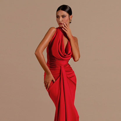 Backless Halter Neck A-Line Long Dress Solid Color Polyester