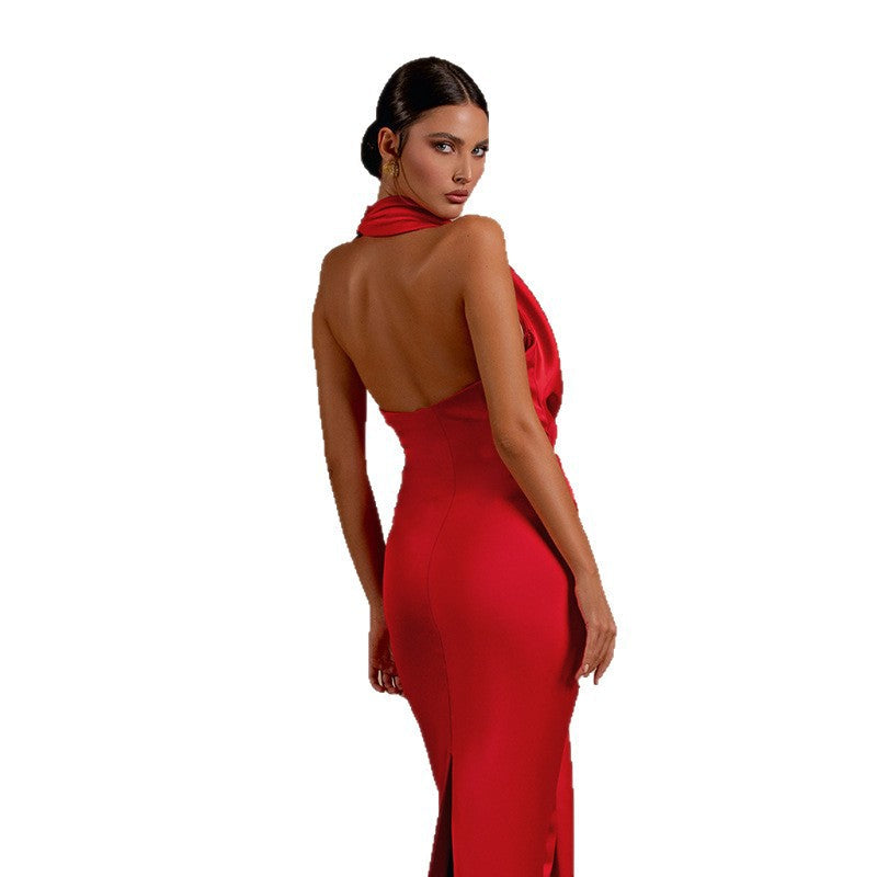 Backless Halter Neck A-Line Long Dress Solid Color Polyester