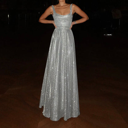 V-Neck Sleeveless Shiny Sequin Slip Dress Solid Color