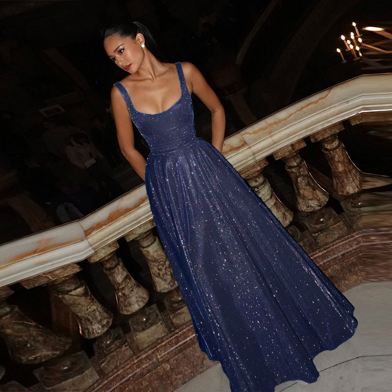 V-Neck Sleeveless Shiny Sequin Slip Dress Solid Color