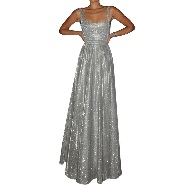 V-Neck Sleeveless Shiny Sequin Slip Dress Solid Color
