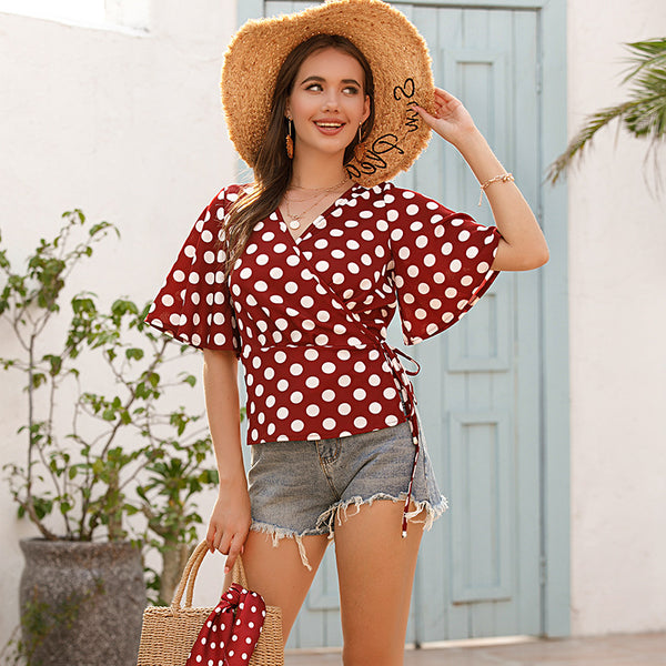 Polka Dot Wrap Blouse with V-Neck and Bell Sleeves