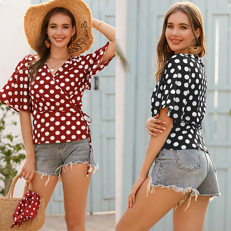 Polka Dot Wrap Blouse with V-Neck and Bell Sleeves