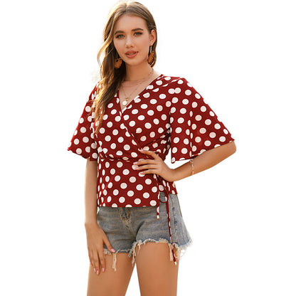 Polka Dot Wrap Blouse with V-Neck and Bell Sleeves