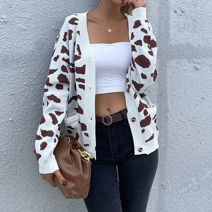 Cow Print Knit Cardigan with V-Neck and Pockets