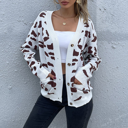 Cow Print Knit Cardigan with V-Neck and Pockets