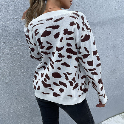 Cow Print Knit Cardigan with V-Neck and Pockets