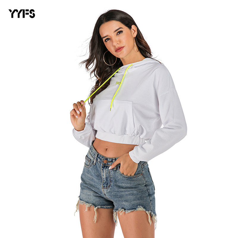 Cropped Pullover Hoodie with Neon Drawstrings