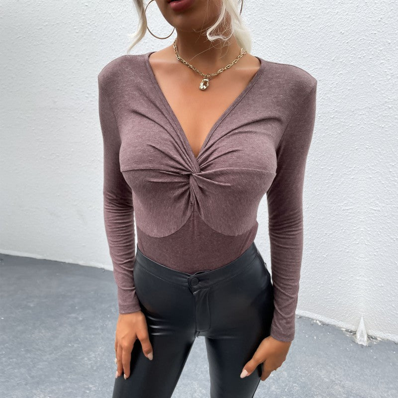 Bodycon Twist Front Bodysuit with V-Neck and Long Sleeves