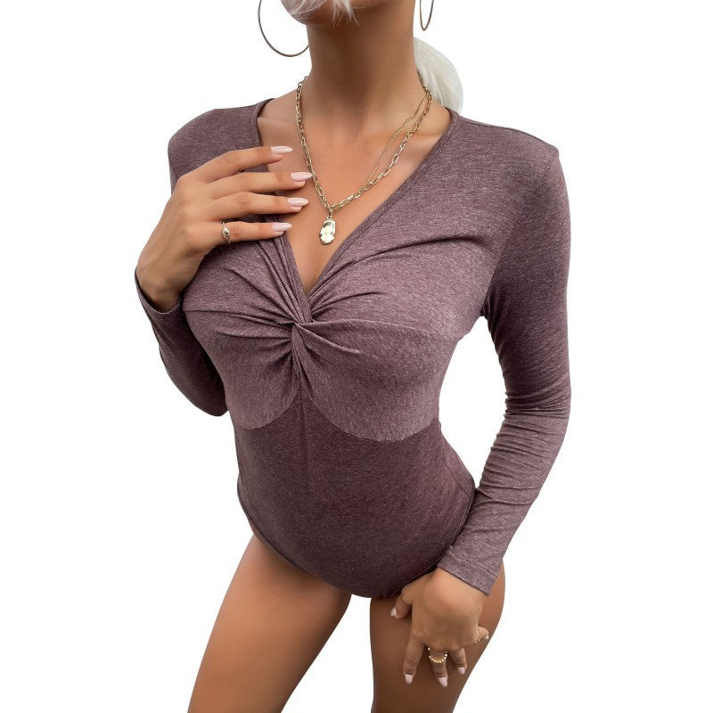 Bodycon Twist Front Bodysuit with V-Neck and Long Sleeves