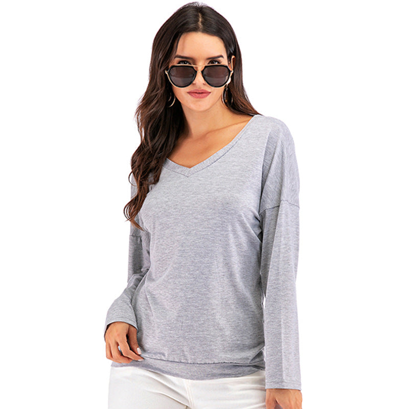 Loose Long-Sleeve Top with V-Neck and Open Crossover Back