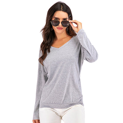 Loose Long-Sleeve Top with V-Neck and Open Crossover Back