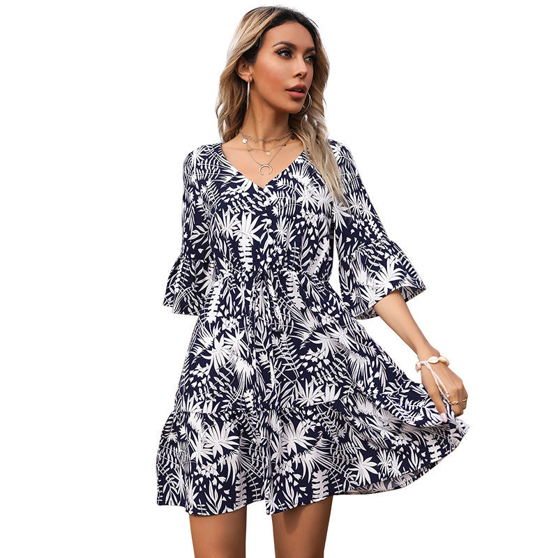 Tropical Print A-Line Mini Dress with V-Neck and Horn Sleeves