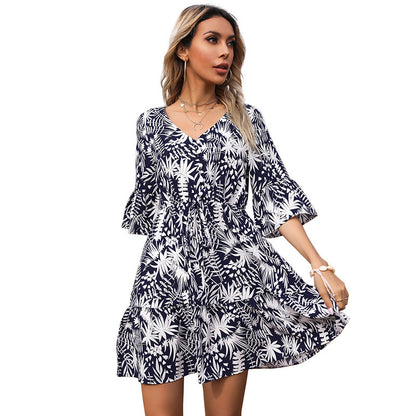 Tropical Print A-Line Mini Dress with V-Neck and Horn Sleeves