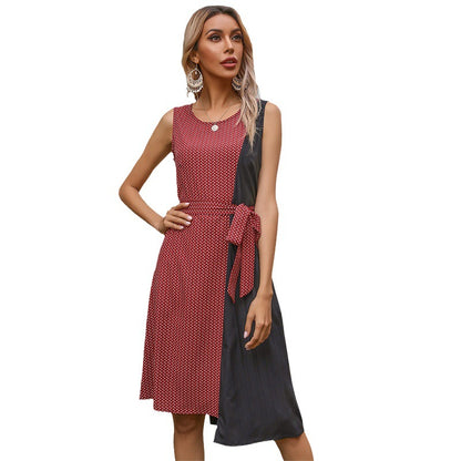 Geometric A-Line Midi Dress with Color-Block Panel and Tie Waist