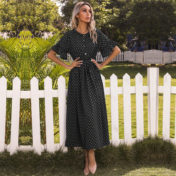 Polka Dot A-Line Maxi Dress with Ruffled Sleeves and Tie Waist