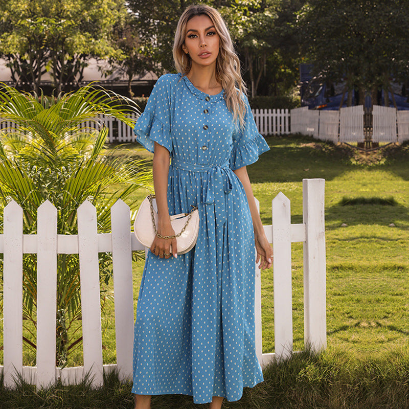 Polka Dot A-Line Maxi Dress with Ruffled Sleeves and Tie Waist