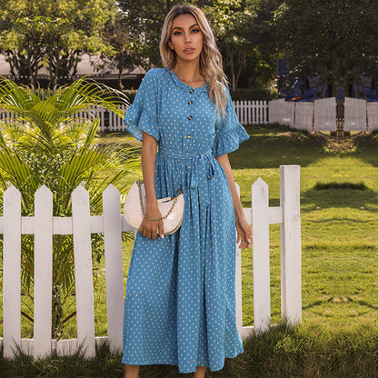 Polka Dot A-Line Maxi Dress with Ruffled Sleeves and Tie Waist