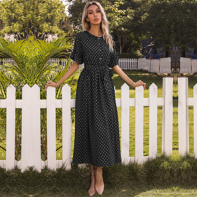 Polka Dot A-Line Maxi Dress with Ruffled Sleeves and Tie Waist