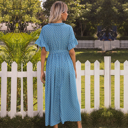 Polka Dot A-Line Maxi Dress with Ruffled Sleeves and Tie Waist