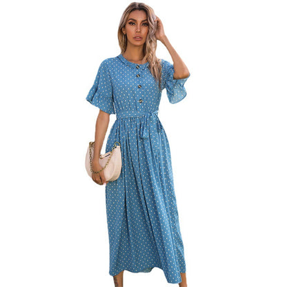 Polka Dot A-Line Maxi Dress with Ruffled Sleeves and Tie Waist