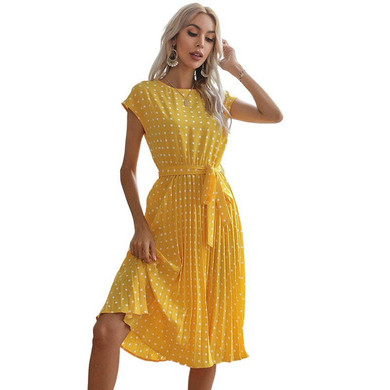 Polka Dot A-Line Midi Dress with Cap Sleeves and Tie Waist