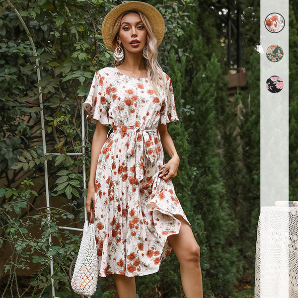 Floral A-Line Midi Dress with Ruffle Sleeves and Tie Waist