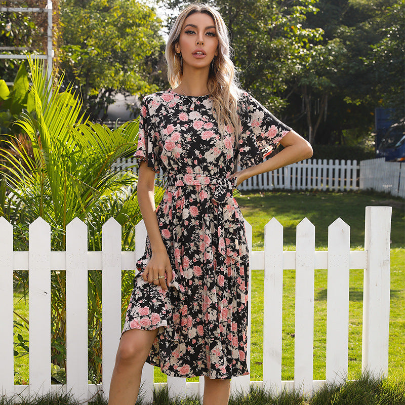 Floral A-Line Midi Dress with Ruffle Sleeves and Tie Waist