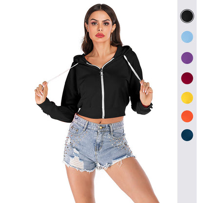 Solid Cropped Zip-Up Hoodie with Batwing Sleeves