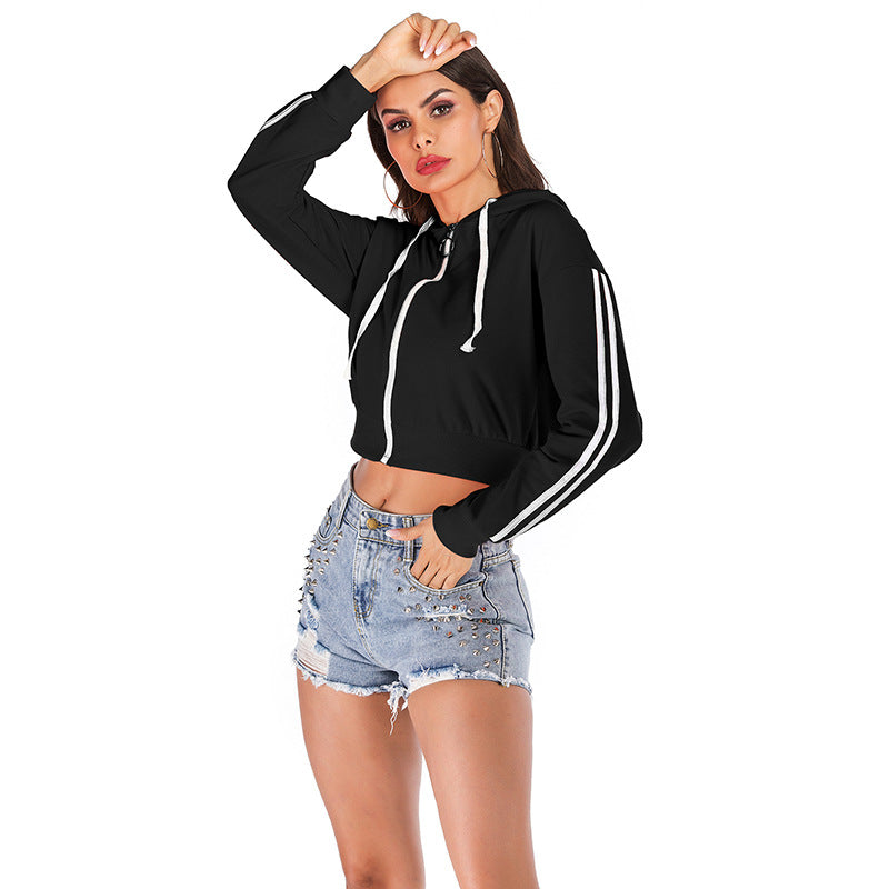 Solid Cropped Zip-Up Hoodie with Batwing Sleeves