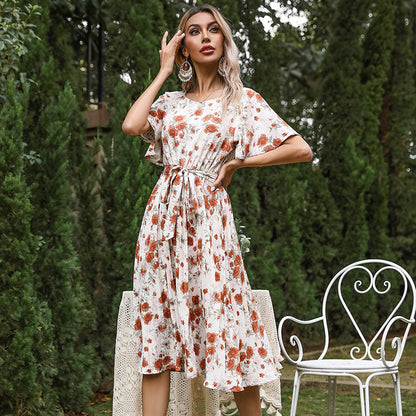 Floral A-Line Midi Dress with Ruffle Sleeves and Tie Waist