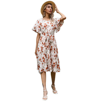 Floral A-Line Midi Dress with Ruffle Sleeves and Tie Waist