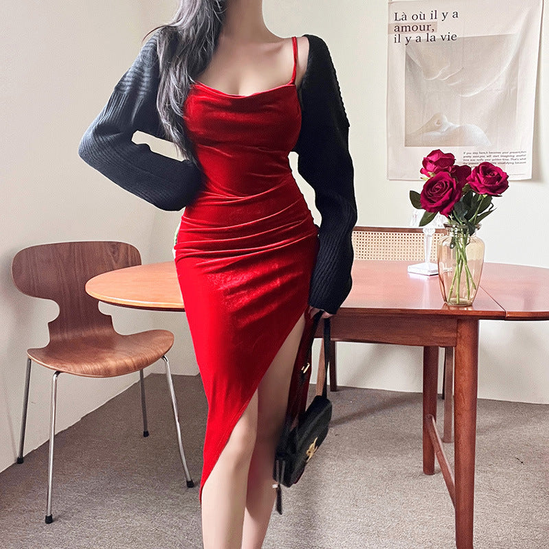 Bodycon Velvet Midi Dress with Cowl Neck and High Slit
